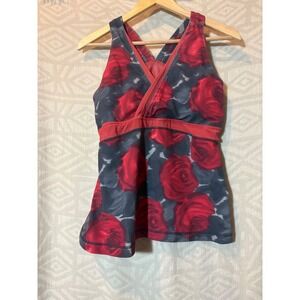 Lululemon Tank Top Sz 12 Red Gray Floral Criss Cross Back‎ Athletic Casual